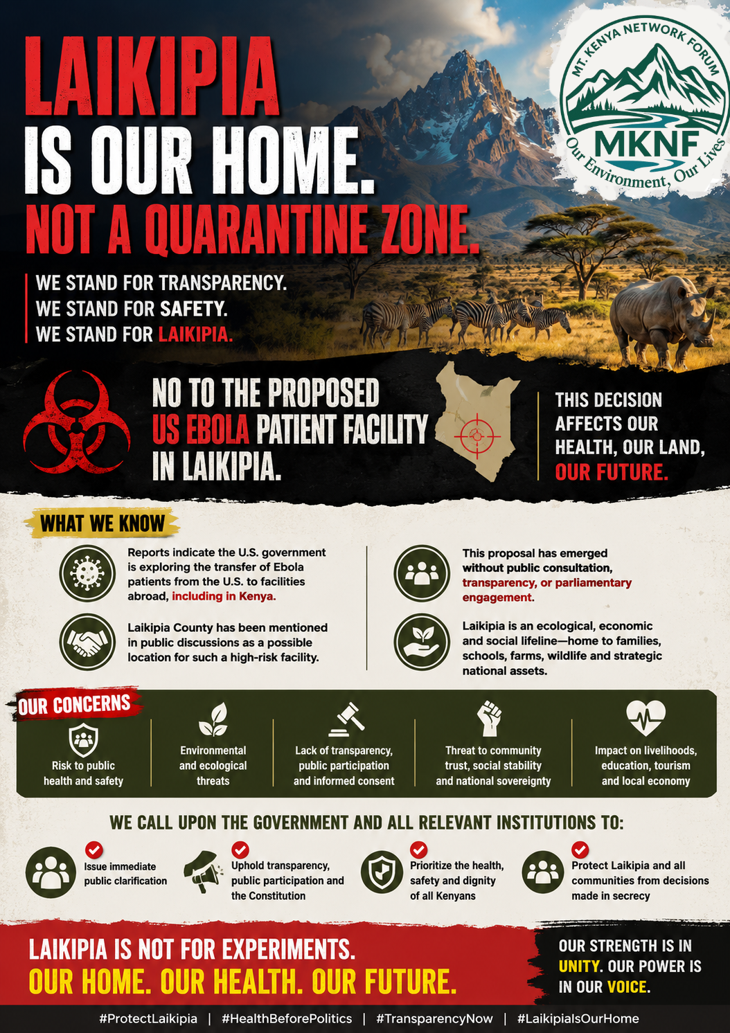 MKNF advocacy poster: Laikipia Is Our Home, Not A Quarantine Zone — No to the proposed US Ebola patient facility in Laikipia. Mt Kenya Network Forum.